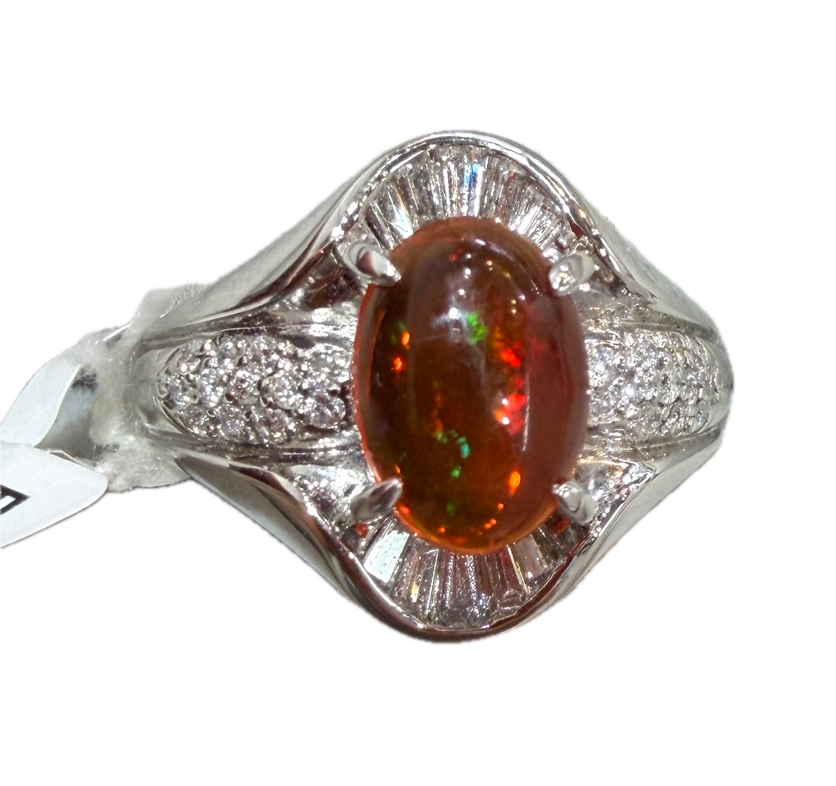 A Superb 1.25ct Mexican Fire Opal & Diamond Platinum Ring