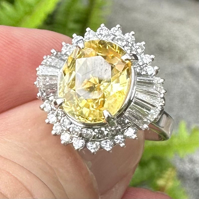 An Exquisite 4.81ct Unheated Lemon Yellow Sapphire Platinum & Diamond Ring