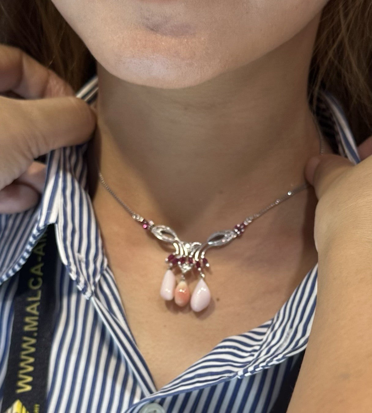 An Exquisite Conch Pearl & Ruby Platinum Necklace
