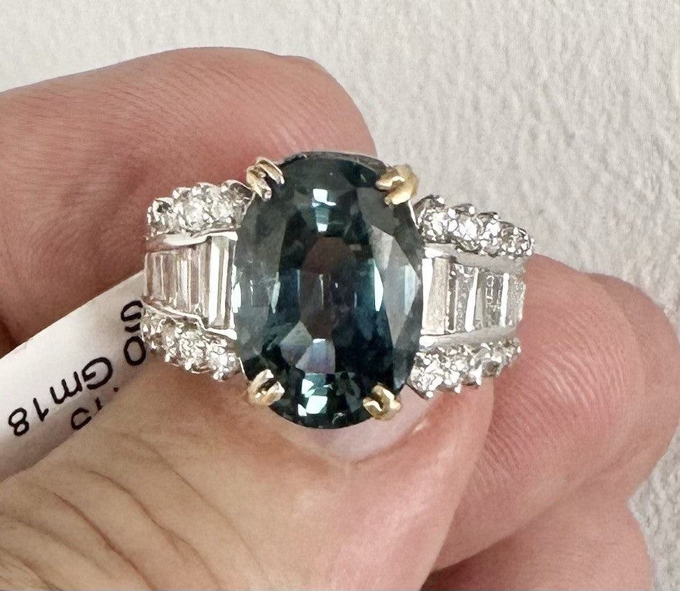 An Extraordinary 7.87ct Unheated Teal Sapphire & Diamond Platinum Ring AIGS Cert