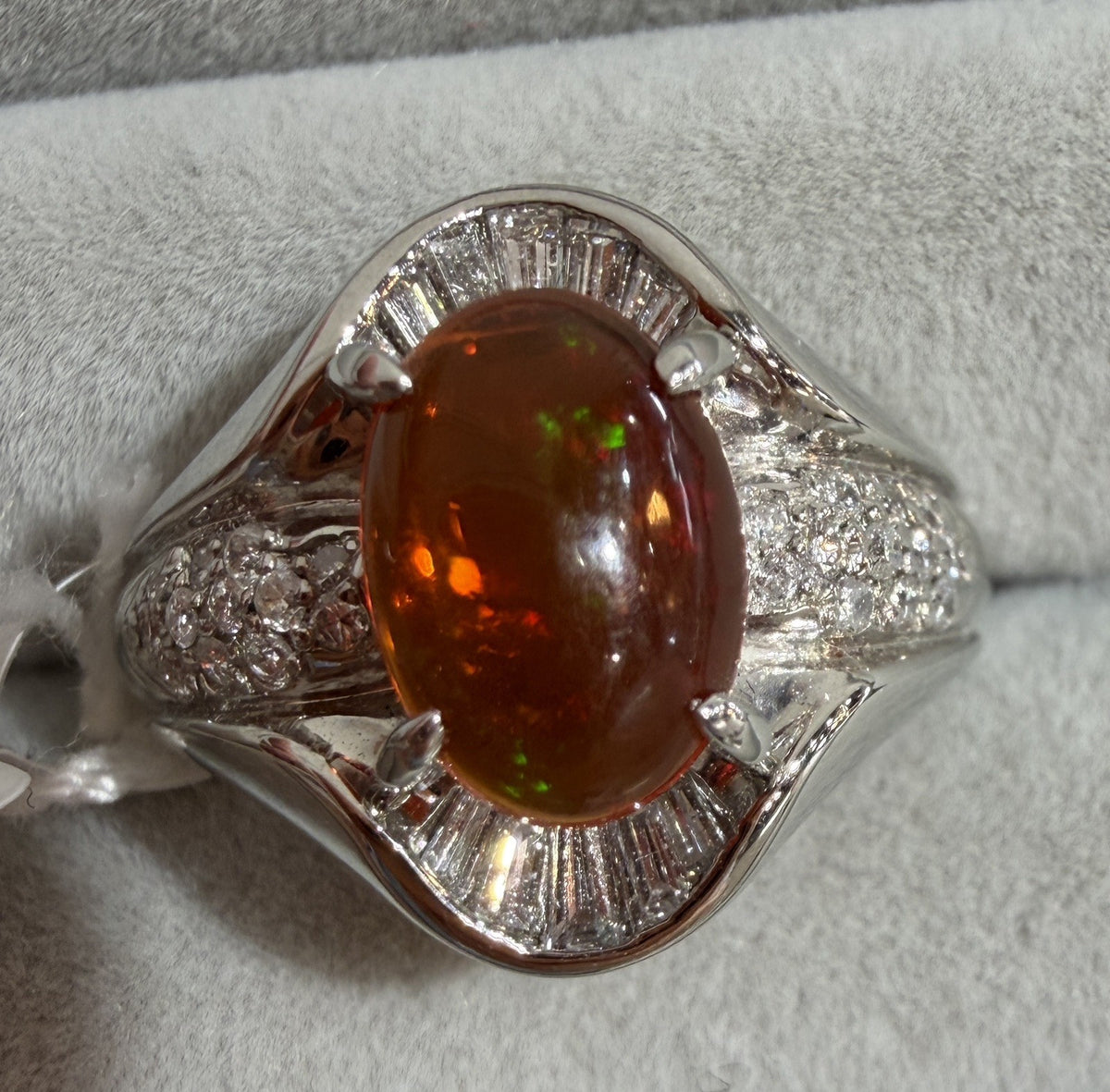 A Superb 1.25ct Mexican Fire Opal & Diamond Platinum Ring