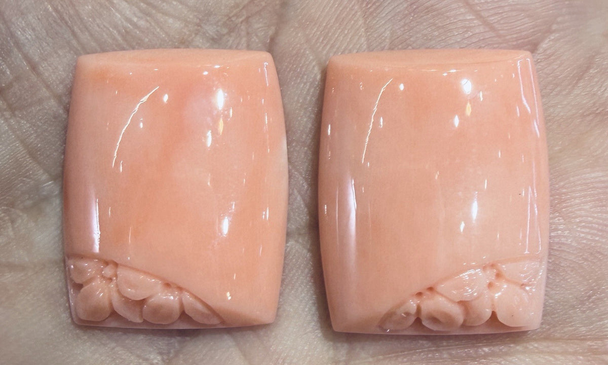 A Beautiful Pair of Carved Angel Skin Coral For Earrings