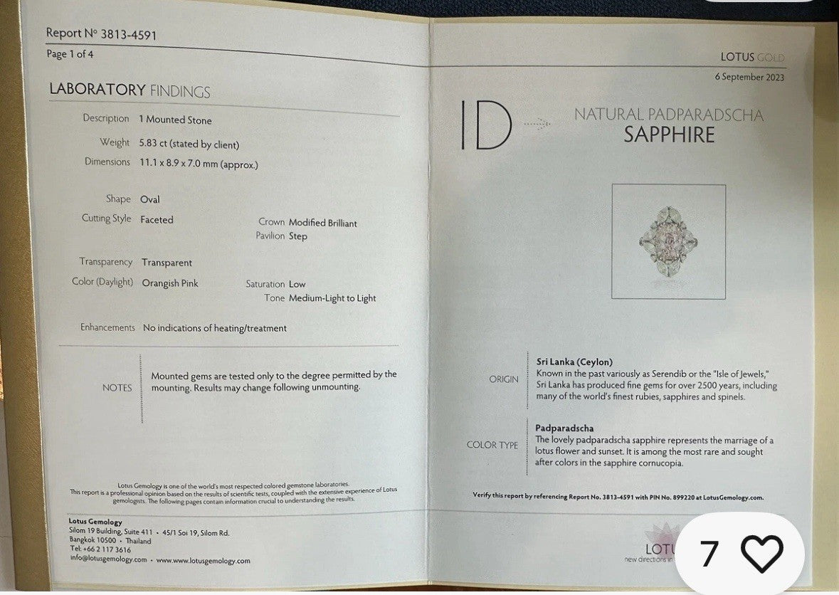 A Magnificent No Heat Unheated 5.83ct Padparadscha Sapphire Lotus Certificate