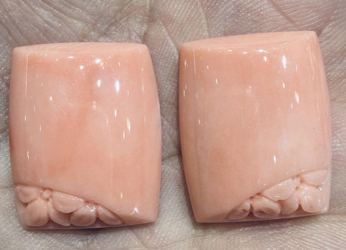 A Beautiful Pair of Carved Angel Skin Coral For Earrings