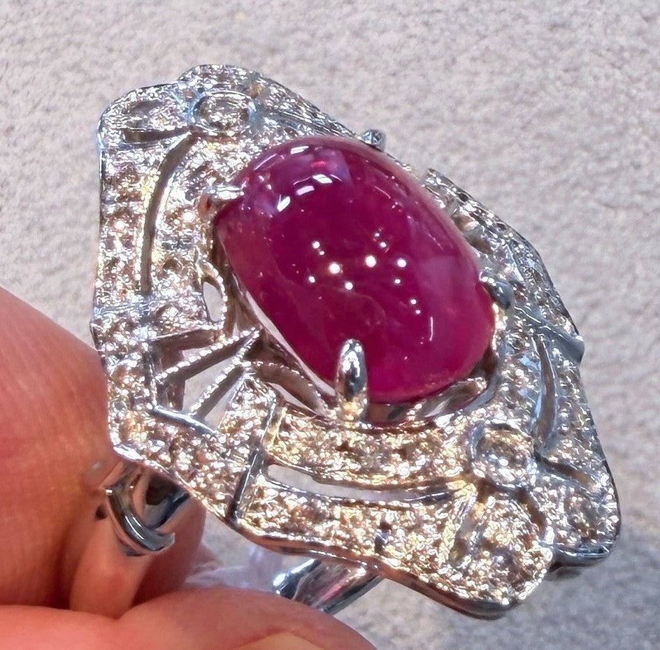6.63ct Unheated Burma Cabochon Ruby & Diamond Platinum Ring GIA