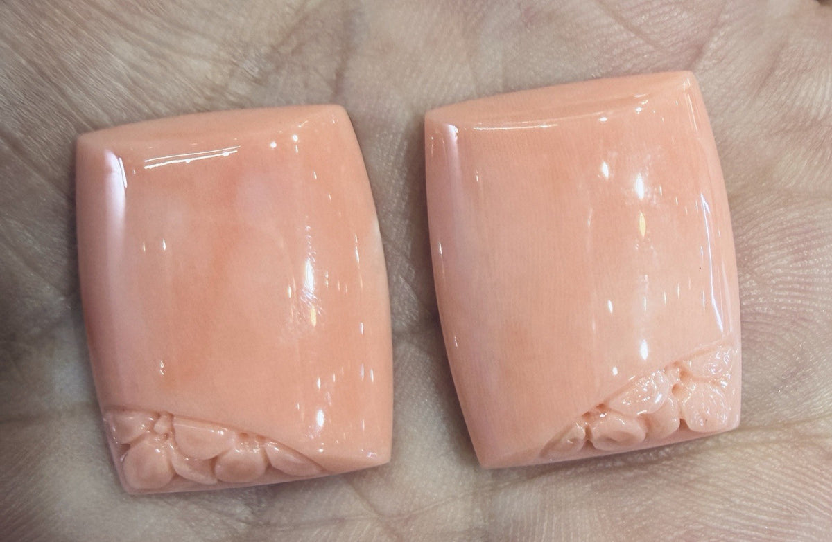 A Beautiful Pair of Carved Angel Skin Coral For Earrings