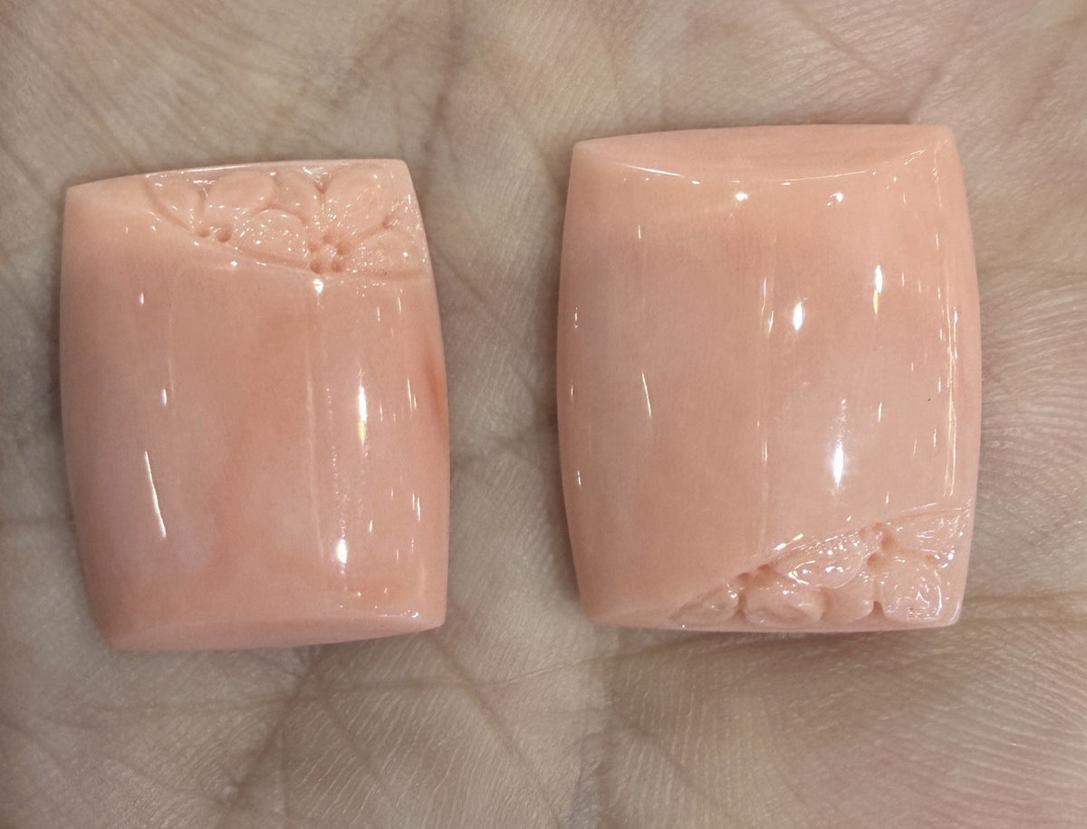 A Beautiful Pair of Carved Angel Skin Coral For Earrings