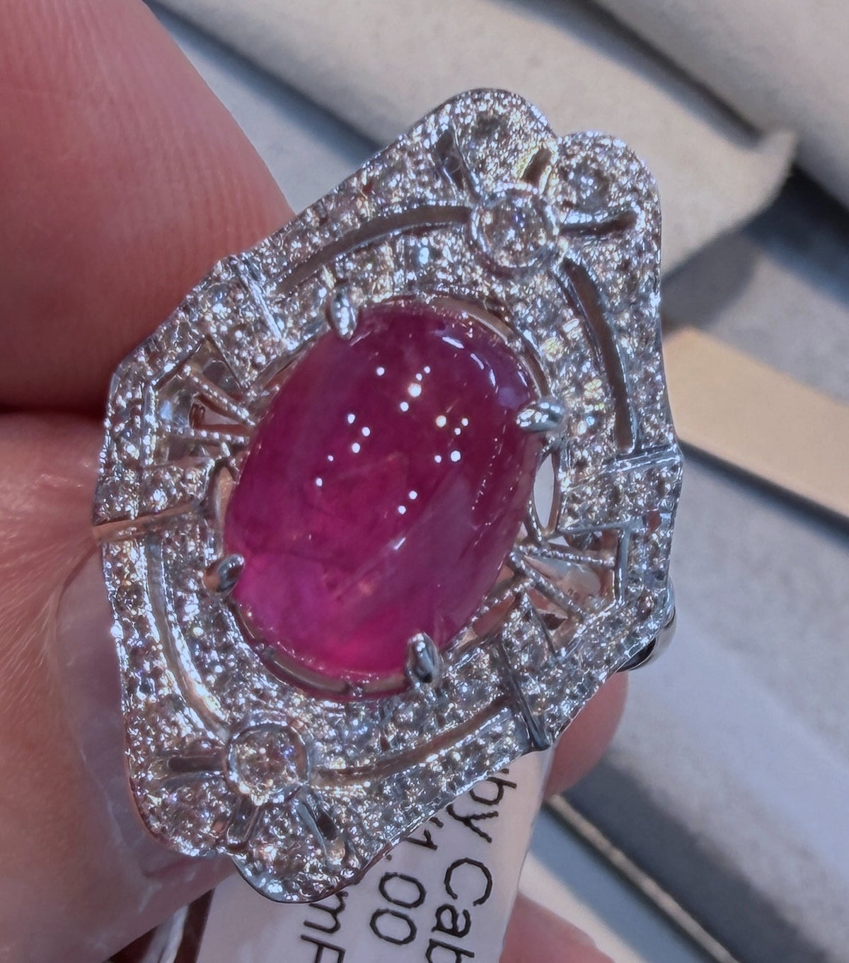 6.63ct Unheated Burma Cabochon Ruby & Diamond Platinum Ring GIA