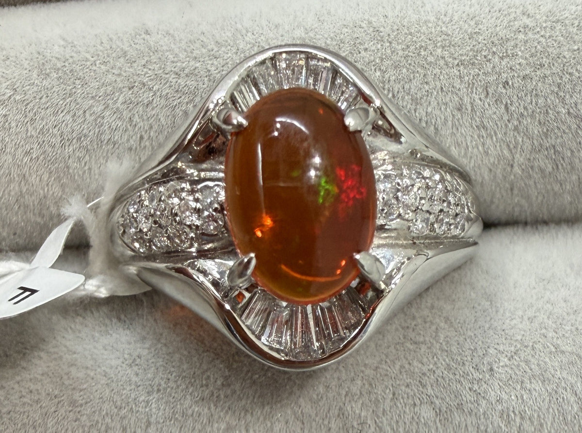 A Superb 1.25ct Mexican Fire Opal & Diamond Platinum Ring