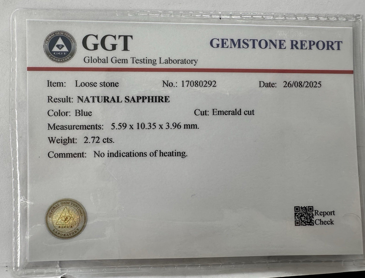 Exquisite 2.72ct Unheated No Heat Blue Sapphire & Certificate