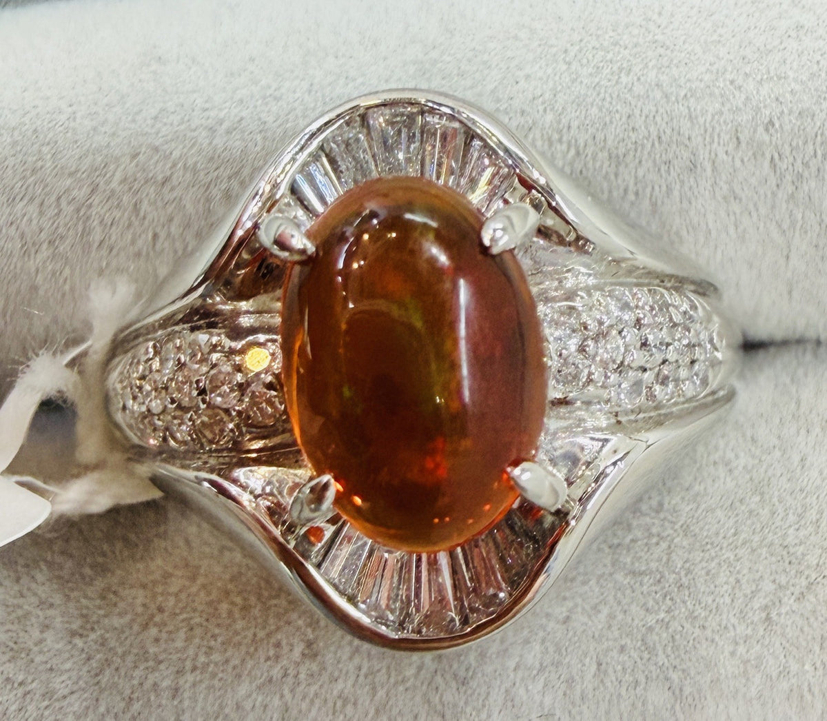 A Superb 1.25ct Mexican Fire Opal & Diamond Platinum Ring