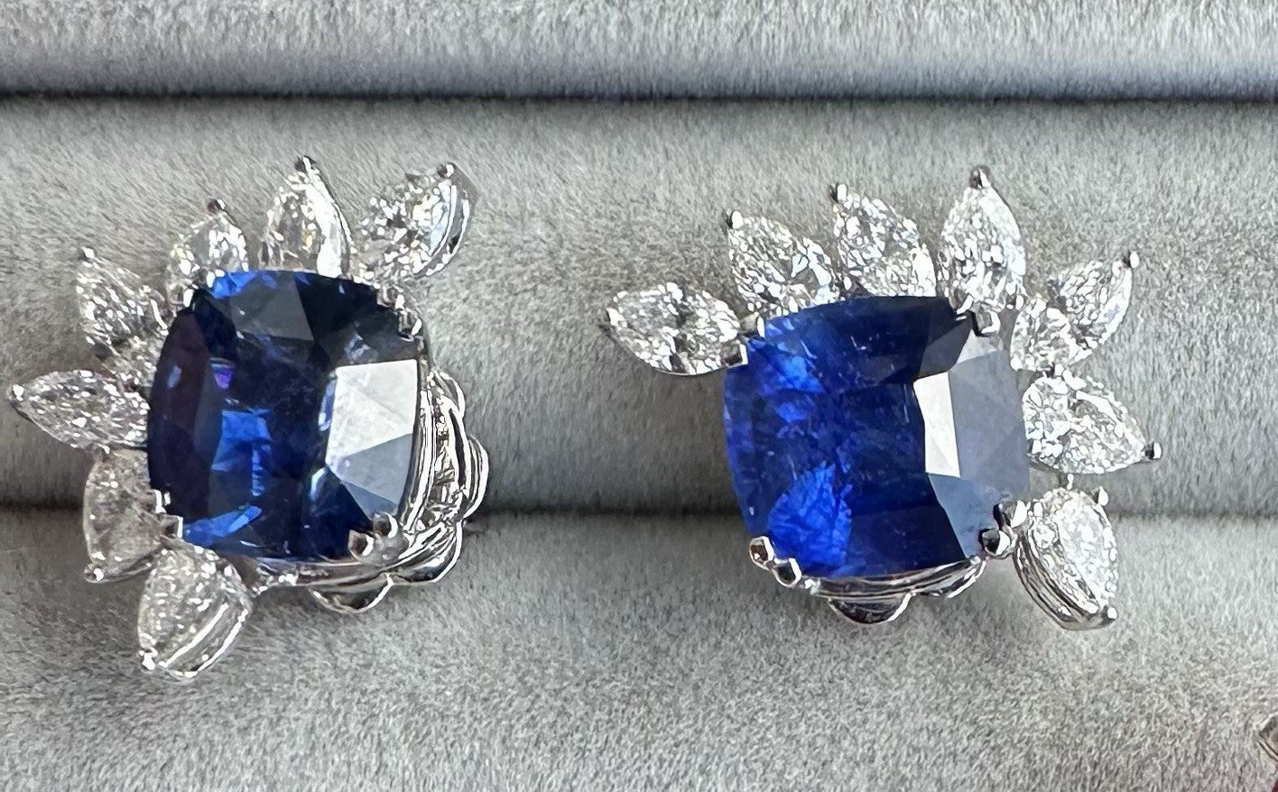 A Superb Pair Of 6.37ct Ceylon Blue Sapphire & Diamond 18k Earrings