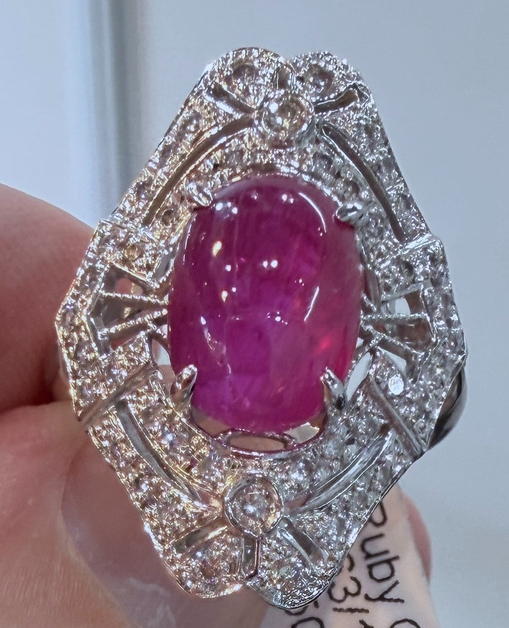 6.63ct Unheated Burma Cabochon Ruby & Diamond Platinum Ring GIA