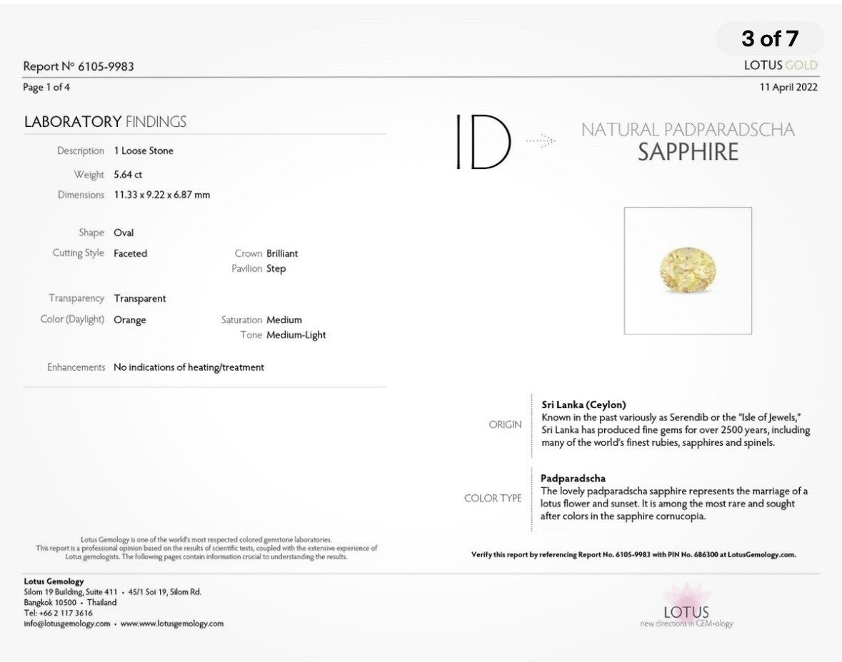 No Heat 5.64ct Sunset Padparadscha Sapphire Lotus Cert Unheated