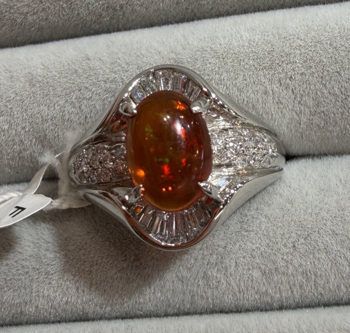 A Superb 1.25ct Mexican Fire Opal & Diamond Platinum Ring