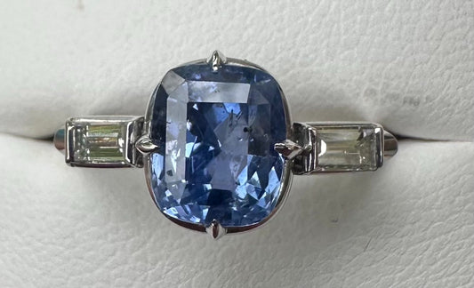 Unheated 3.14ct Blue Sapphire Platinum & Diamond Ring GIA