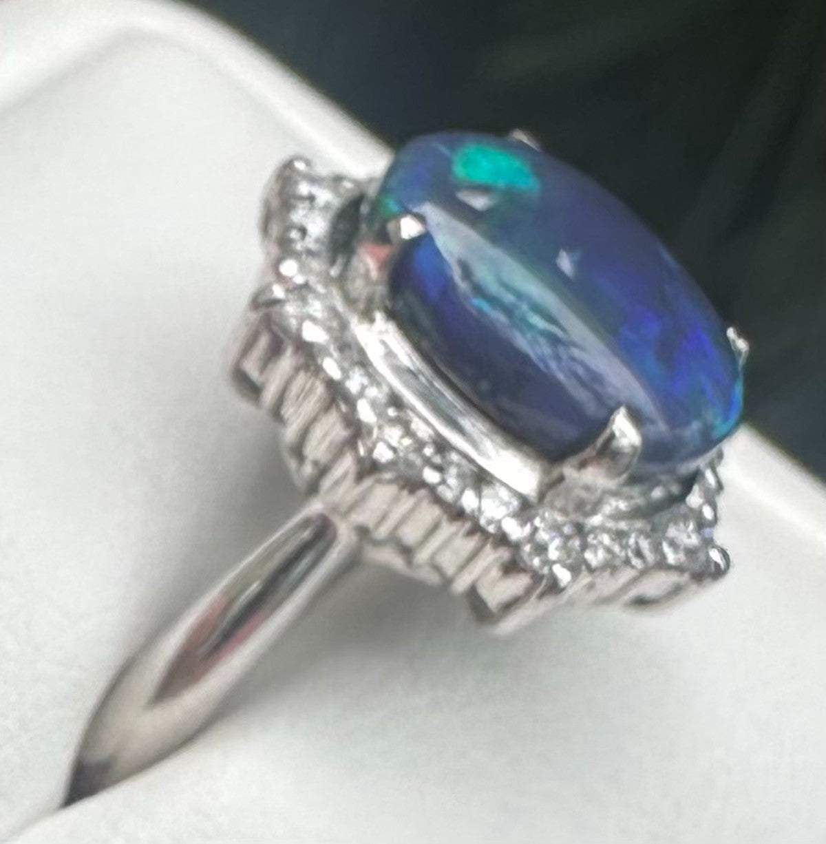 An Exquisite 2.35ct Australian Black Opal & Diamond Platinum Ring