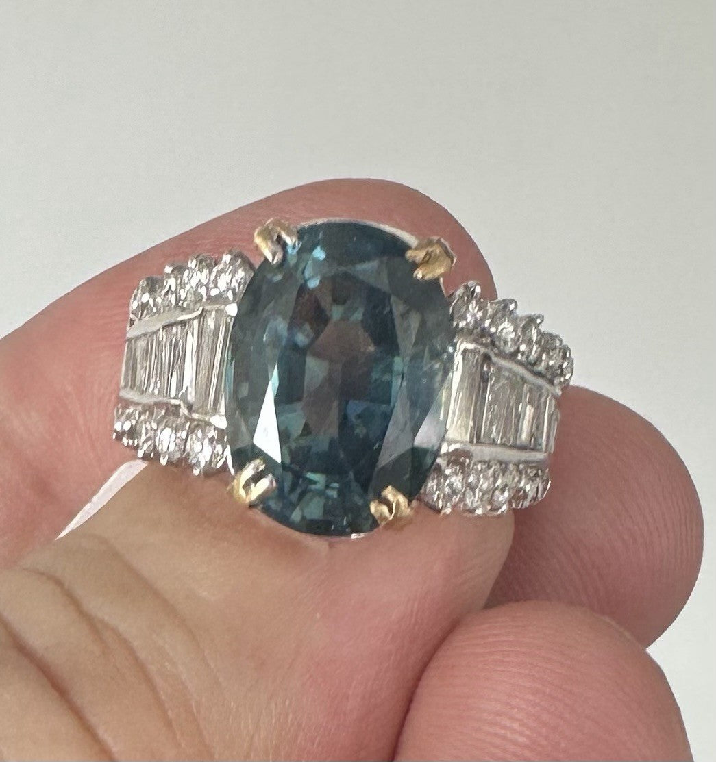 An Extraordinary 7.87ct Unheated Teal Sapphire & Diamond Platinum Ring AIGS Cert
