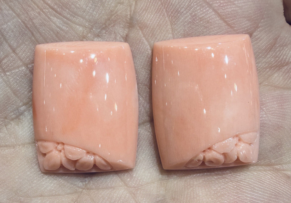A Beautiful Pair of Carved Angel Skin Coral For Earrings