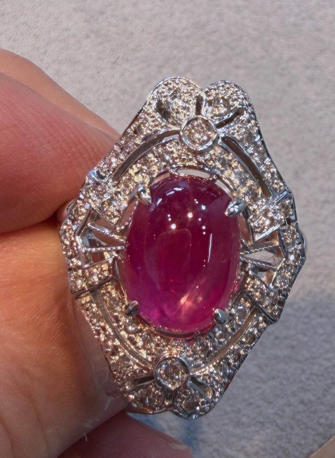 6.63ct Unheated Burma Cabochon Ruby & Diamond Platinum Ring GIA