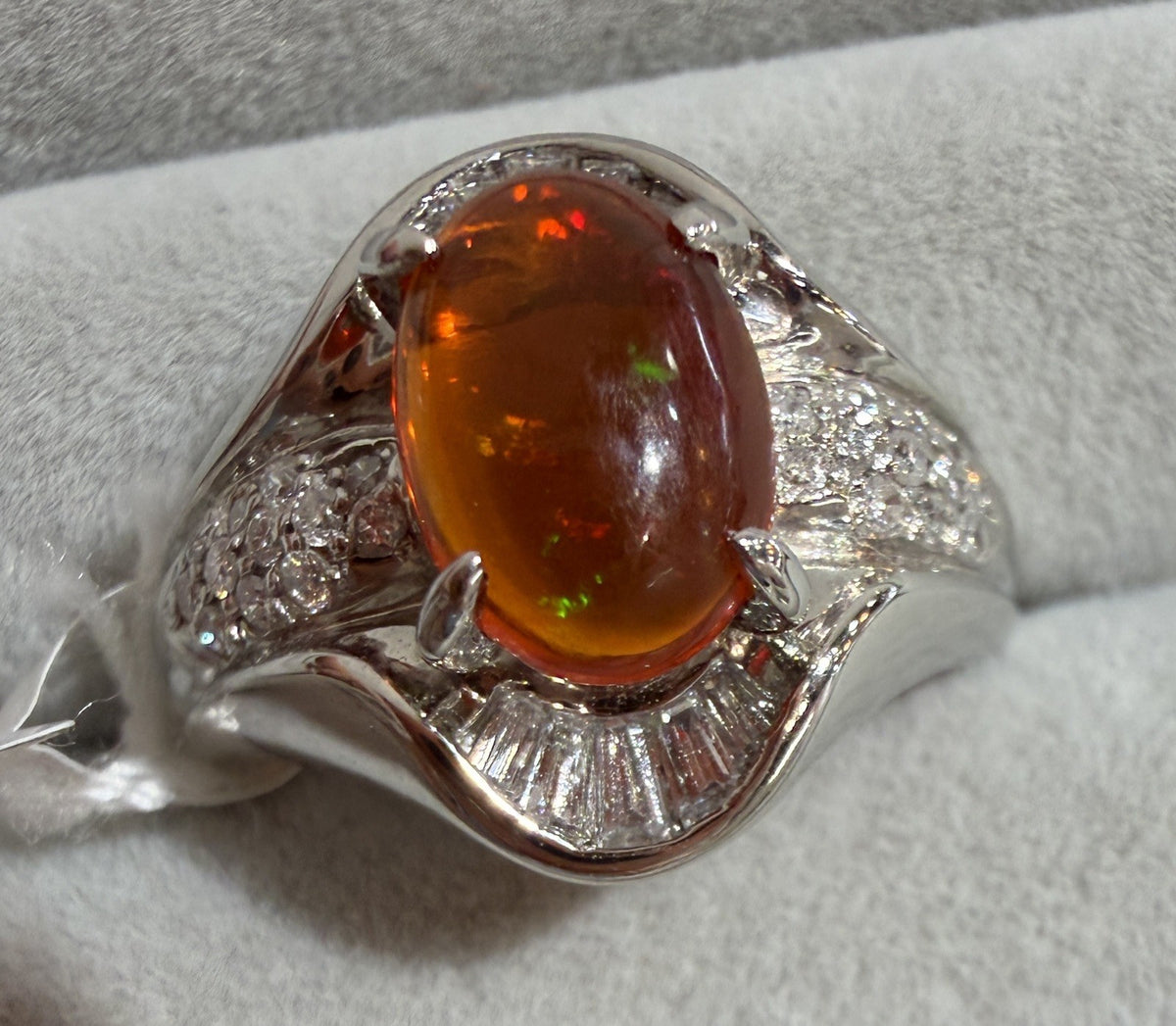 A Superb 1.25ct Mexican Fire Opal & Diamond Platinum Ring