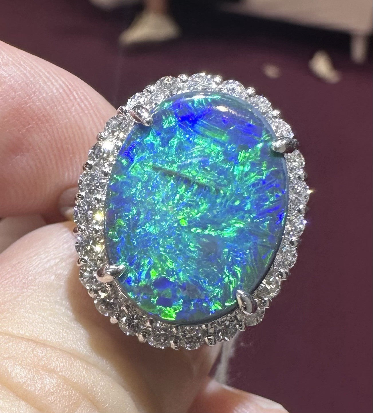 A Magnificent 6.25ct Australian Black Opal & Diamond Platinum Ring