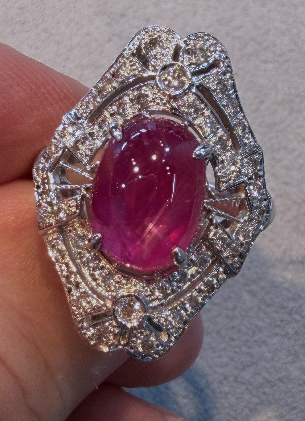 6.63ct Unheated Burma Cabochon Ruby & Diamond Platinum Ring GIA