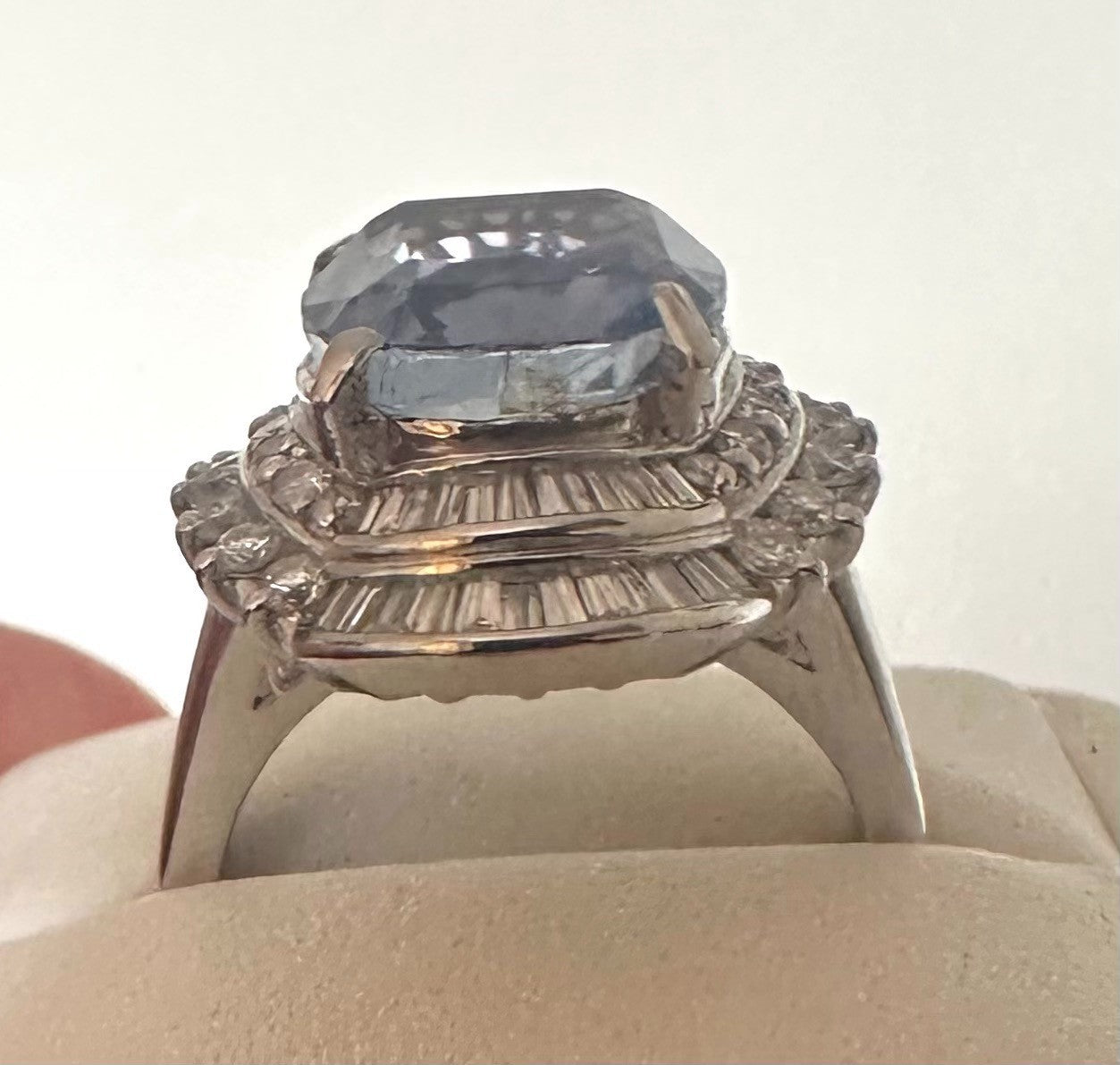 An Impressive Unheated 7.52ct Light Blue Sapphire Platinum & Diamond Ring