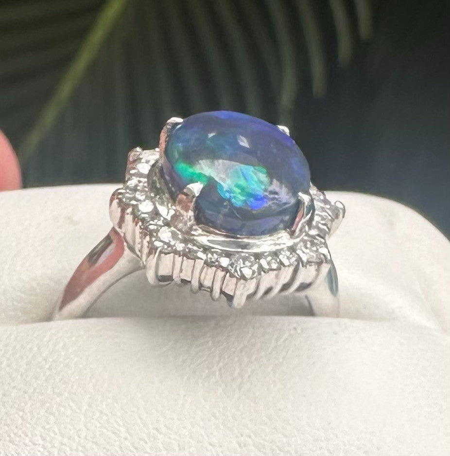 An Exquisite 2.35ct Australian Black Opal & Diamond Platinum Ring