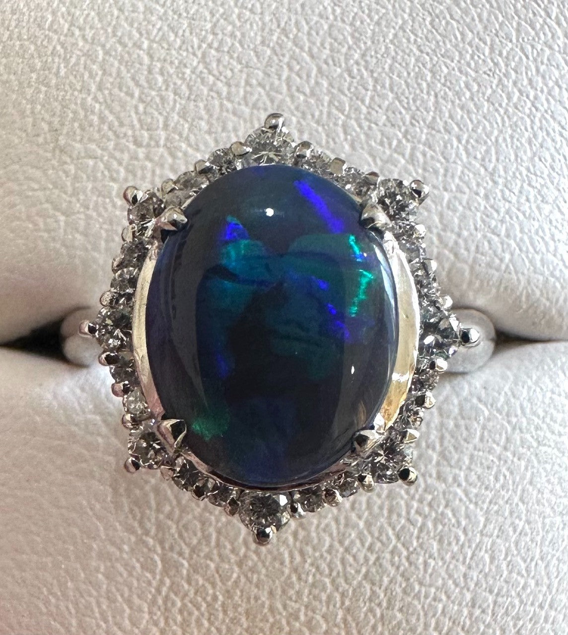 An Exquisite 2.35ct Australian Black Opal & Diamond Platinum Ring