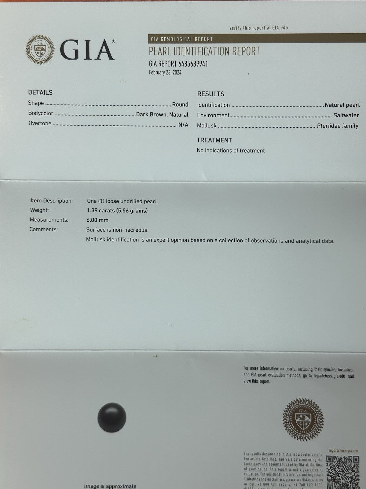 A Beautiful 6mm 1.39ct Natural Dark Brown Pearl GIA Certificate
