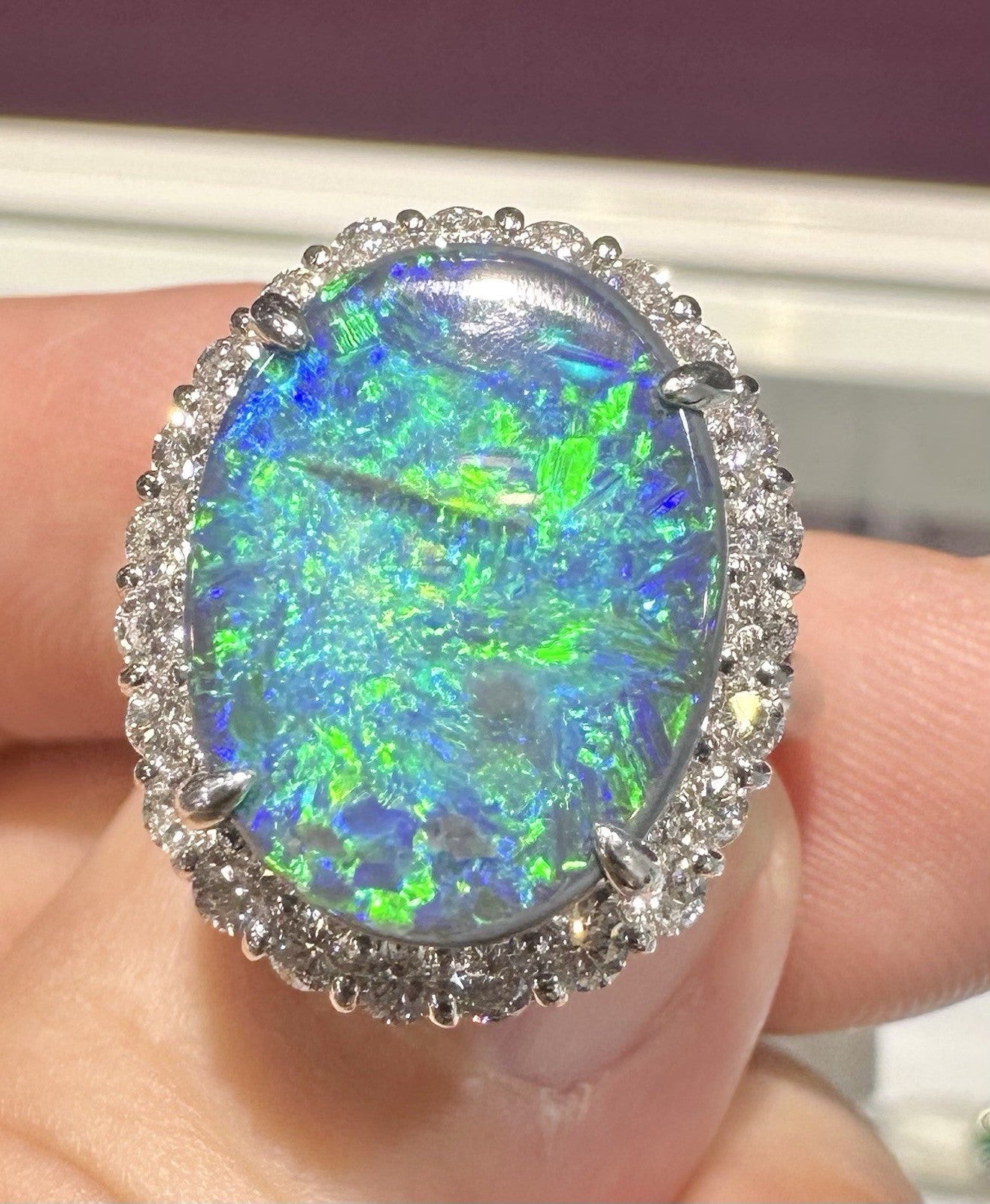 A Magnificent 6.25ct Australian Black Opal & Diamond Platinum Ring