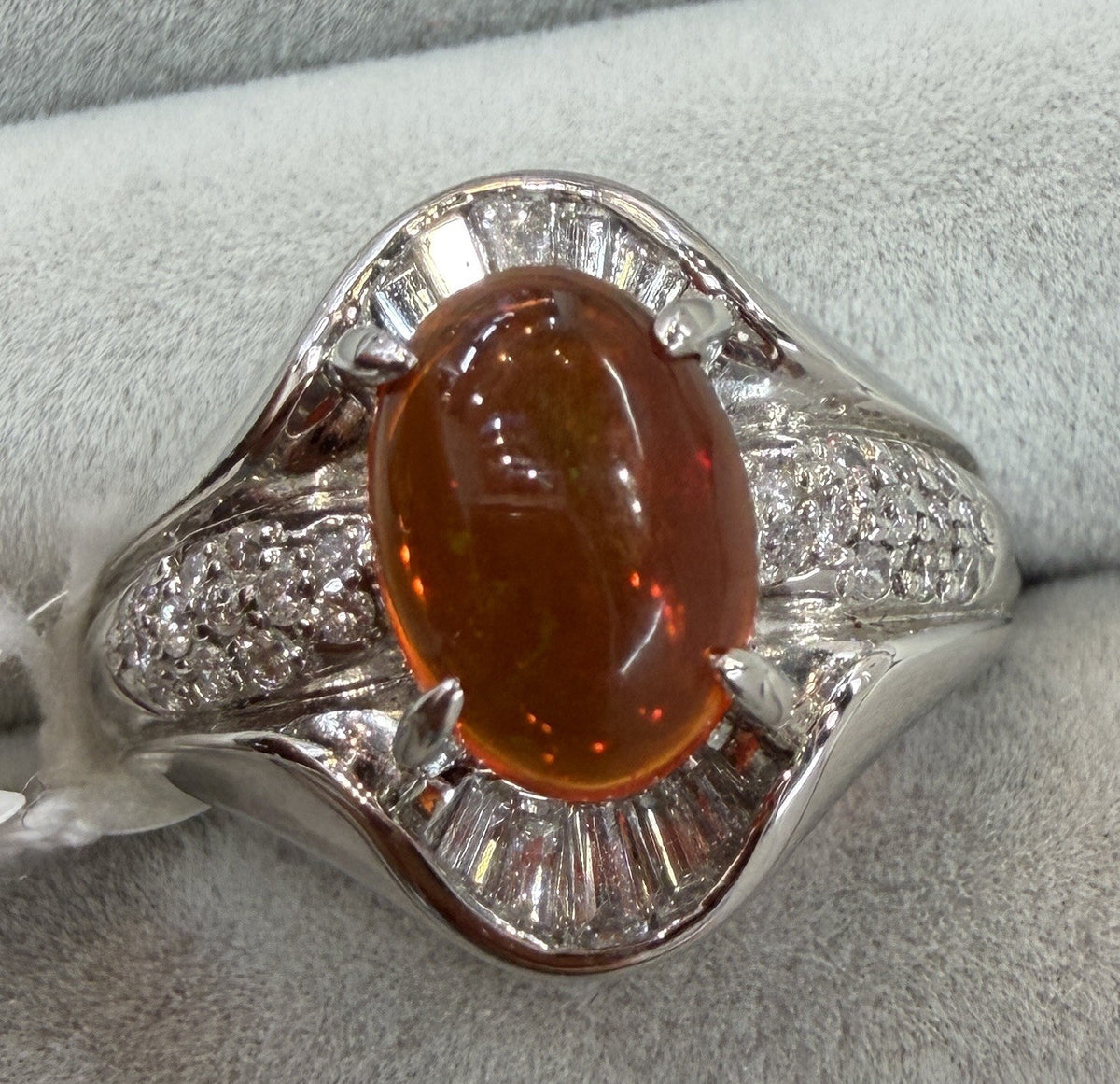 A Superb 1.25ct Mexican Fire Opal & Diamond Platinum Ring