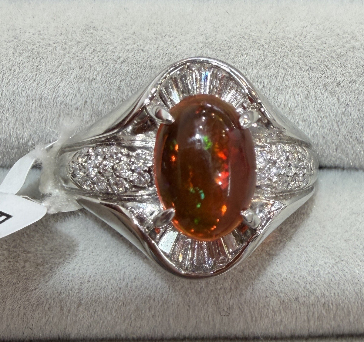 A Superb 1.25ct Mexican Fire Opal & Diamond Platinum Ring