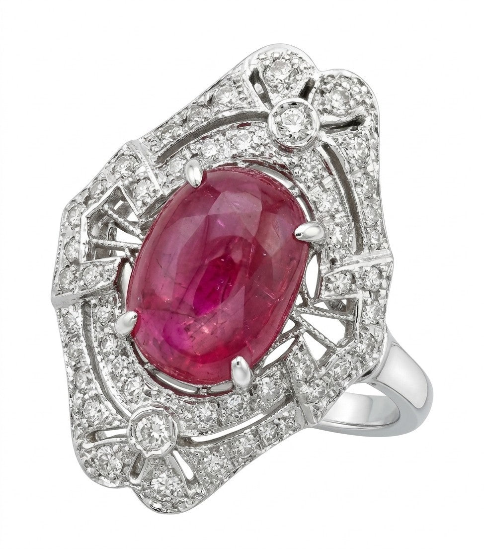 6.63ct Unheated Burma Cabochon Ruby & Diamond Platinum Ring GIA
