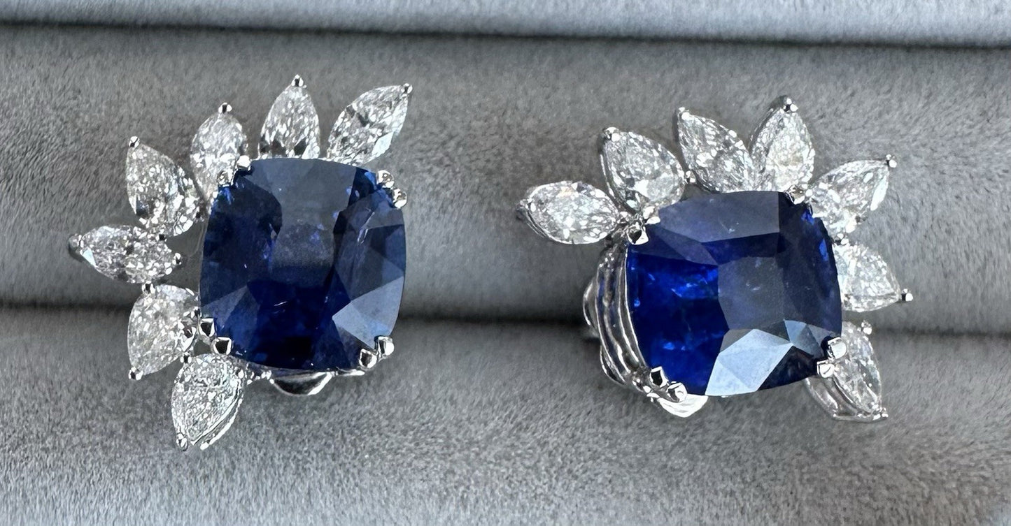 A Superb Pair Of 6.37ct Ceylon Blue Sapphire & Diamond 18k Earrings