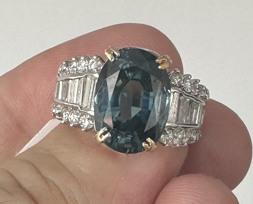 An Extraordinary 7.87ct Unheated Teal Sapphire & Diamond Platinum Ring AIGS Cert