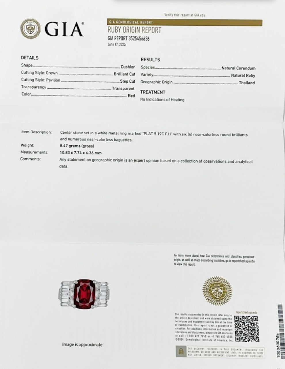 Unheated No Heat 5.19ct Thai Ruby Ring GIA - World Class!