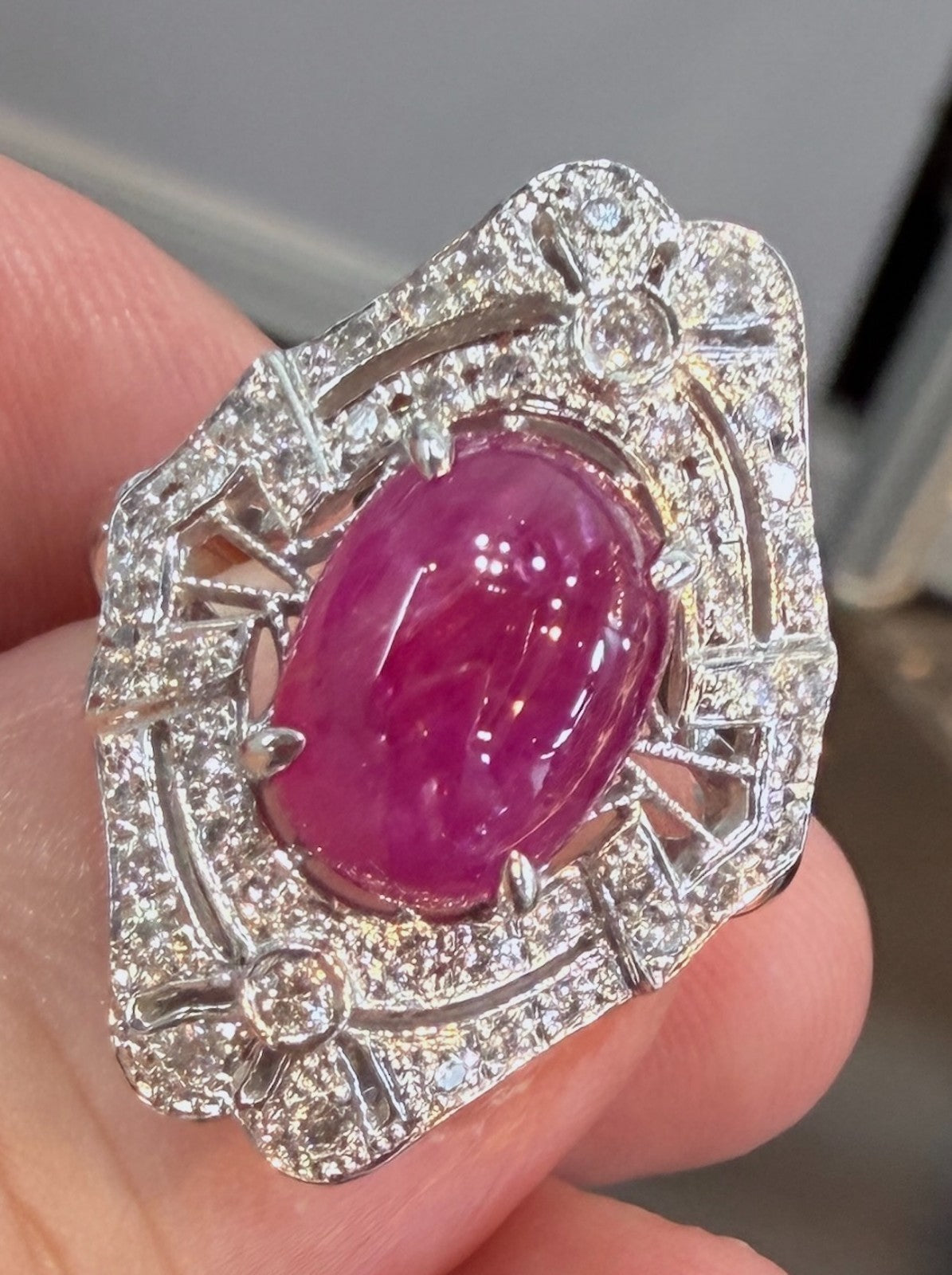 6.63ct Unheated Burma Cabochon Ruby & Diamond Platinum Ring GIA