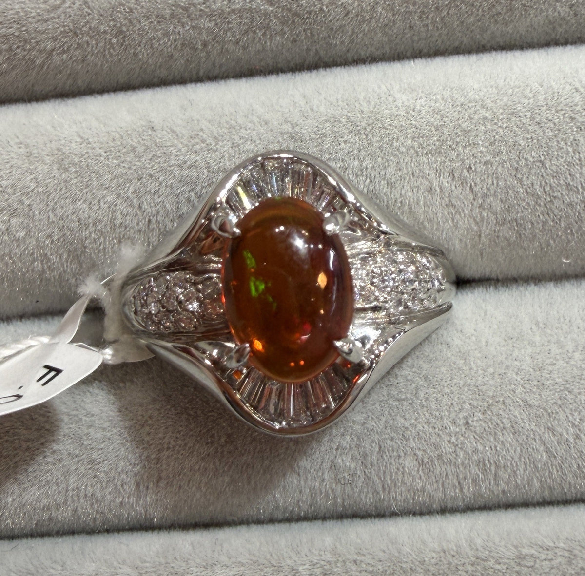 A Superb 1.25ct Mexican Fire Opal & Diamond Platinum Ring