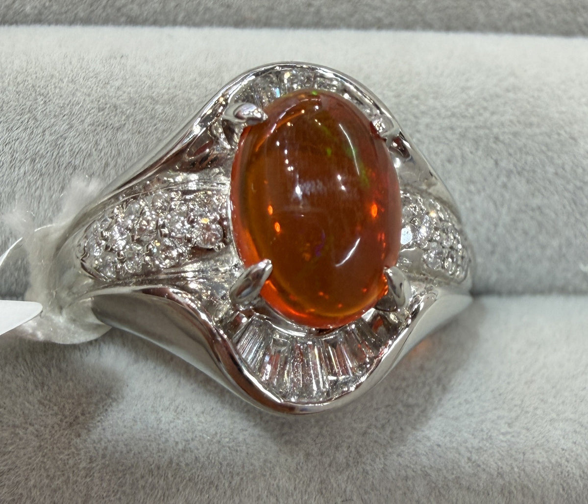 A Superb 1.25ct Mexican Fire Opal & Diamond Platinum Ring