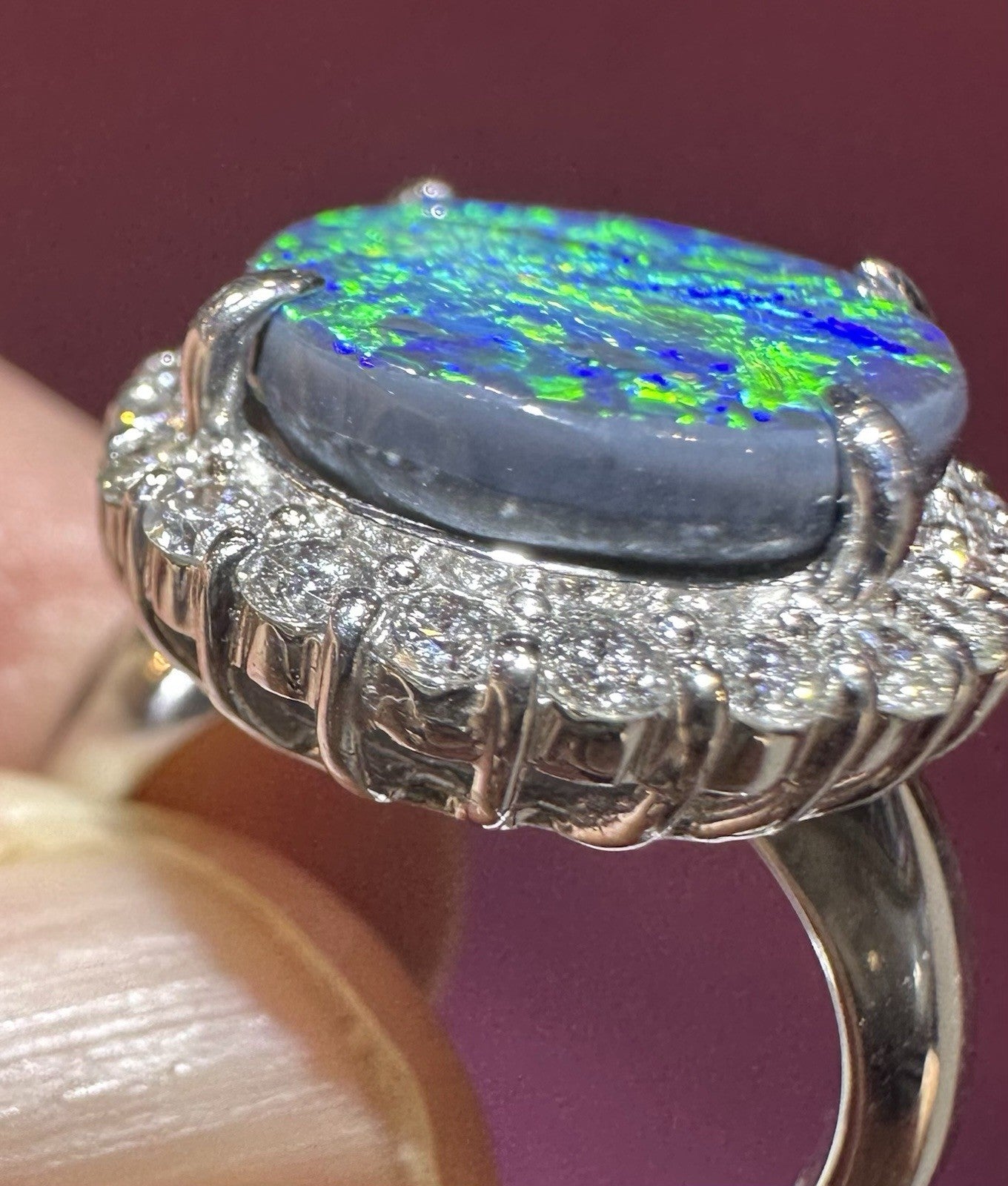 A Magnificent 6.25ct Australian Black Opal & Diamond Platinum Ring