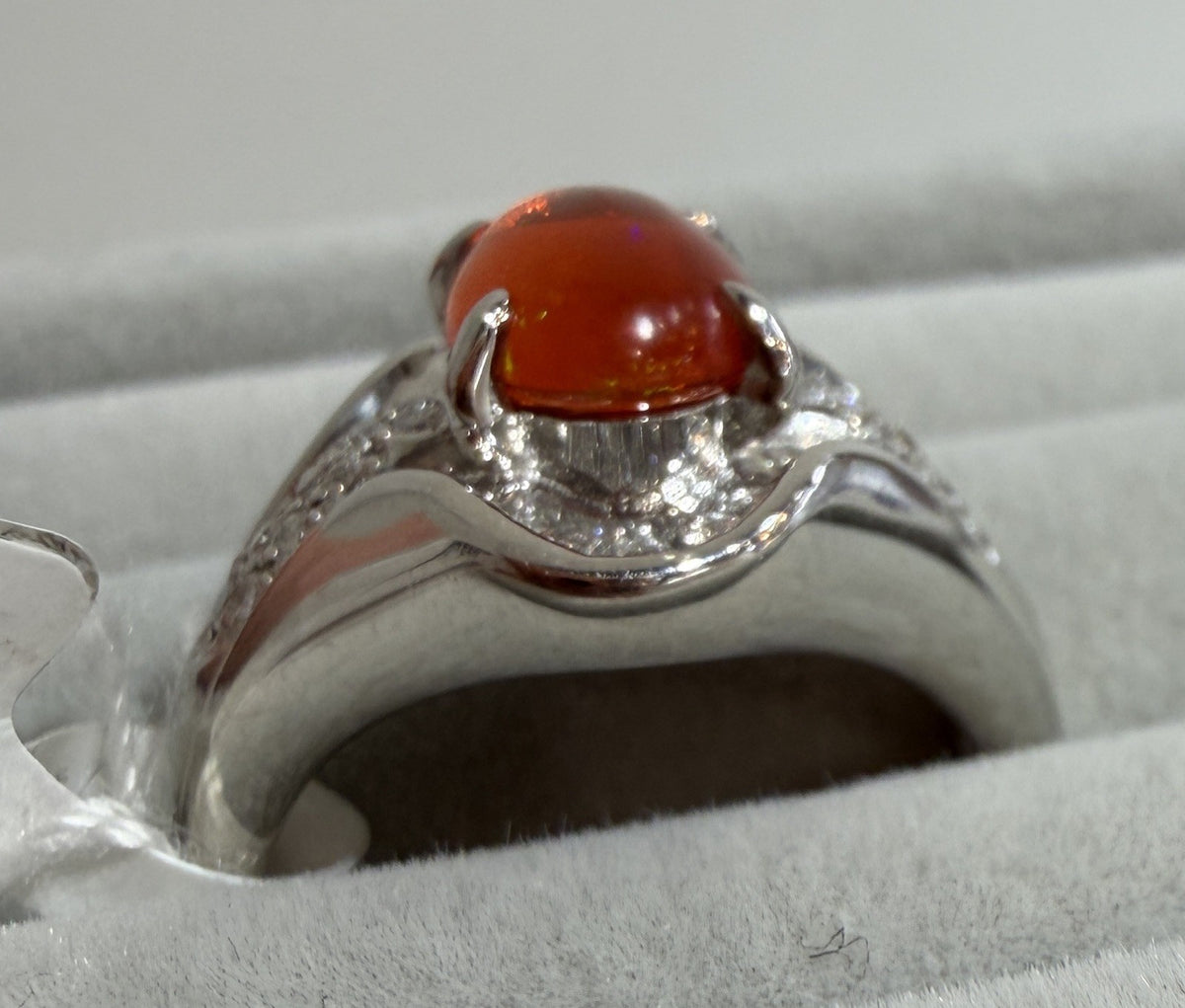 A Superb 1.25ct Mexican Fire Opal & Diamond Platinum Ring