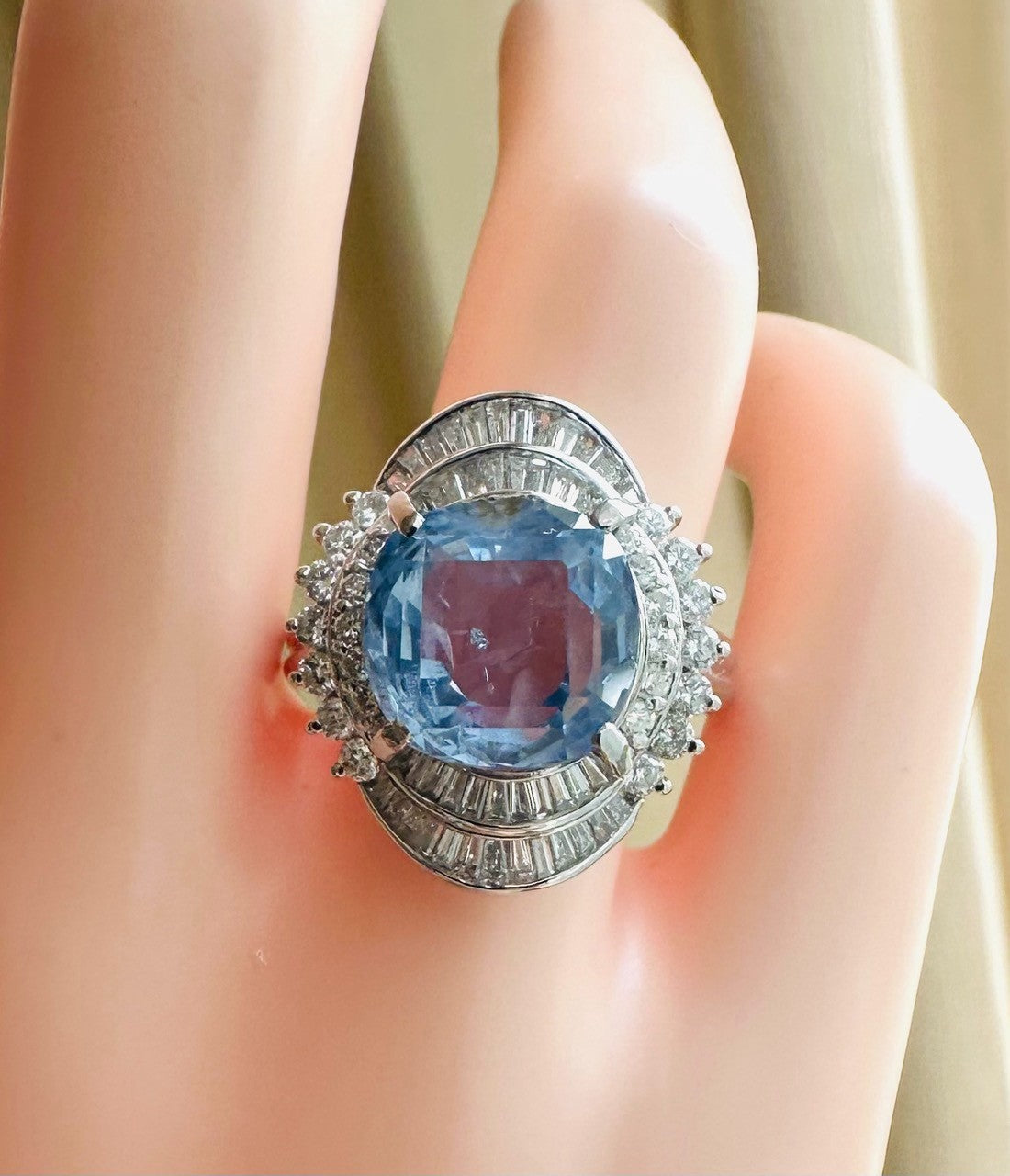 An Impressive Unheated 7.52ct Light Blue Sapphire Platinum & Diamond Ring