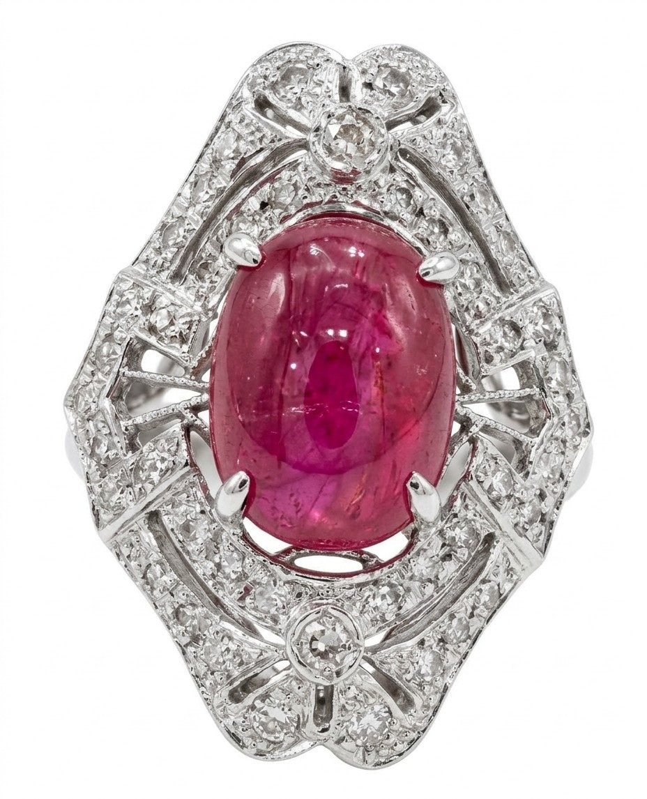 6.63ct Unheated Burma Cabochon Ruby & Diamond Platinum Ring GIA