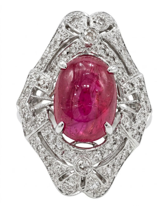 6.63ct Unheated Burma Cabochon Ruby & Diamond Platinum Ring GIA