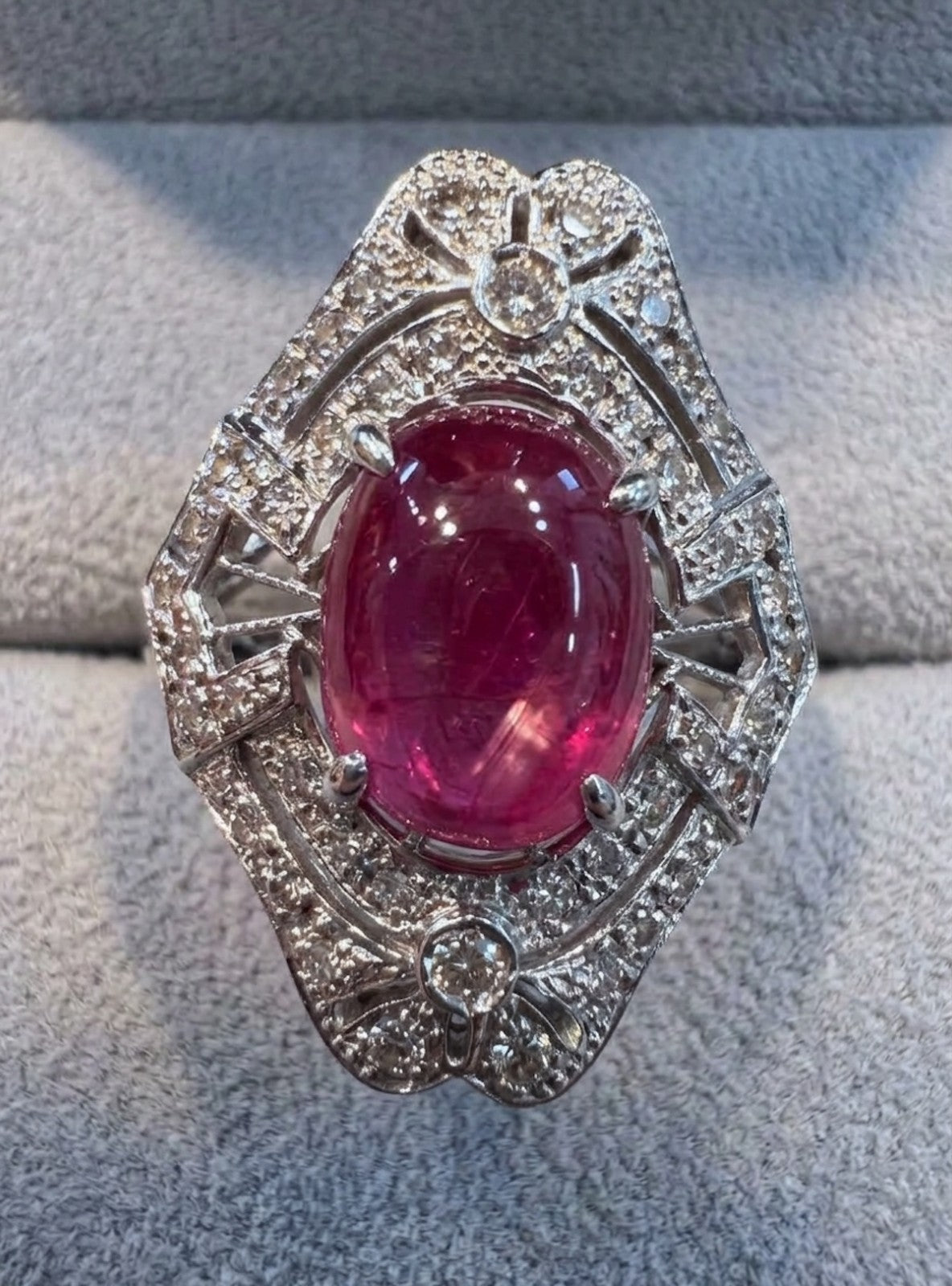 6.63ct Unheated Burma Cabochon Ruby & Diamond Platinum Ring GIA