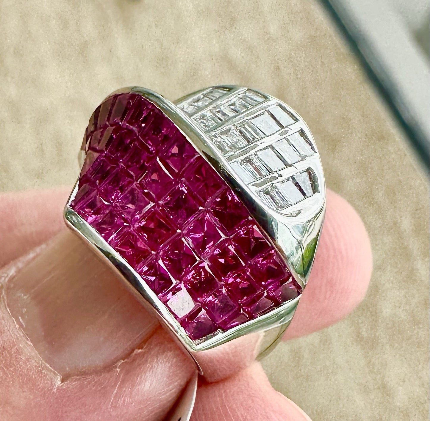 A Beautiful Invisible Set Burma Ruby & Diamond Platinum Ring