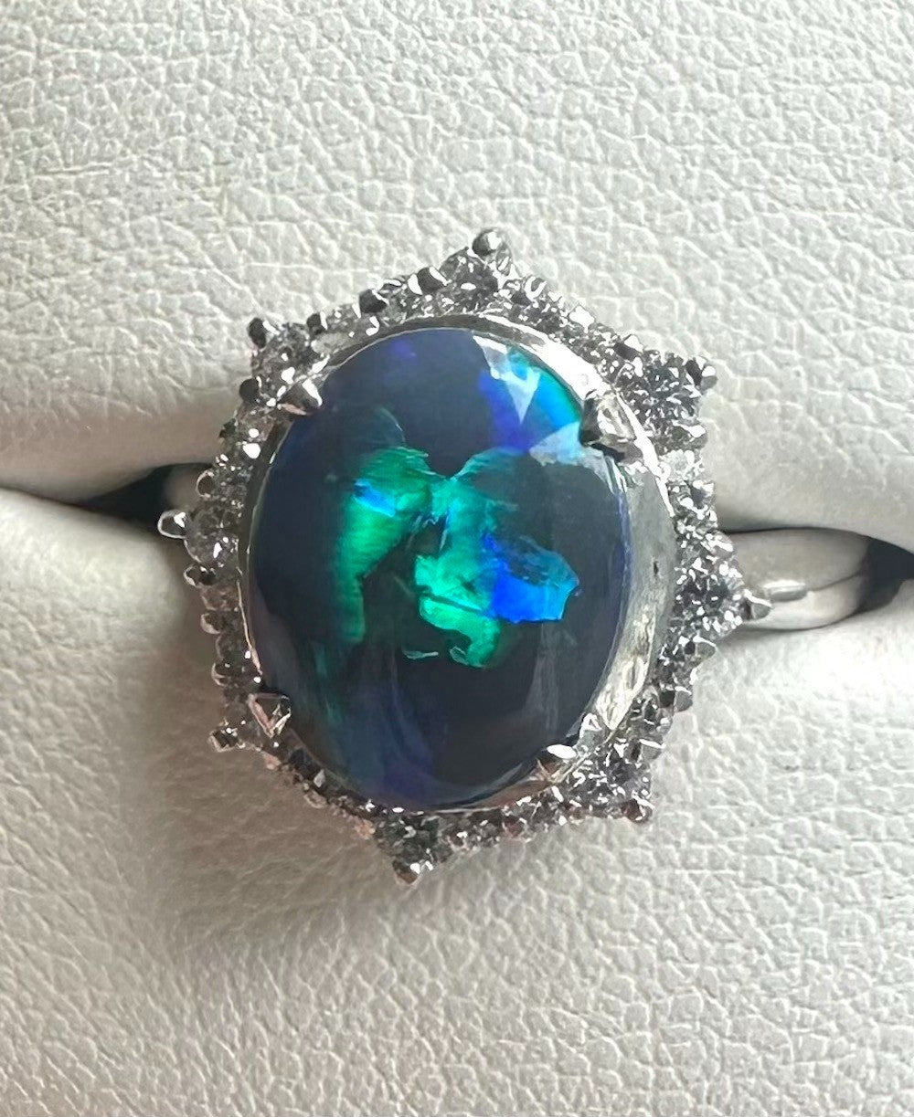 An Exquisite 2.35ct Australian Black Opal & Diamond Platinum Ring