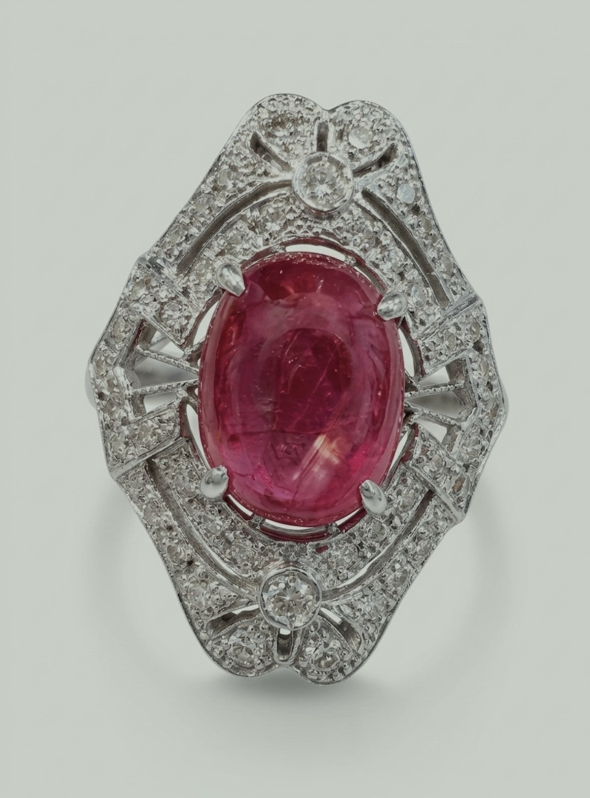 6.63ct Unheated Burma Cabochon Ruby & Diamond Platinum Ring GIA
